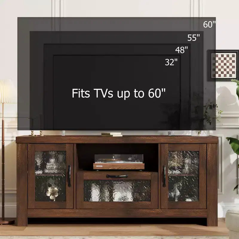 Meuble TV de ferme pour téléviseurs jusqu'à 60 pouces, meuble de divertissement avec porte en acrylique, armoires de rangement, console TV robuste pour salon et chambre.