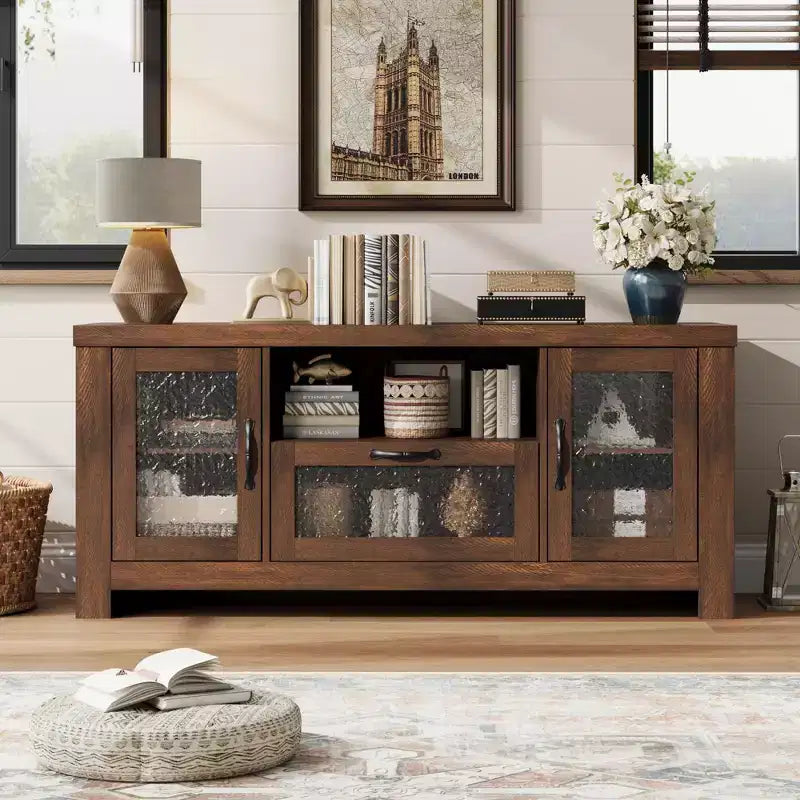 Meuble TV de ferme pour téléviseurs jusqu'à 60 pouces, meuble de divertissement avec porte en acrylique, armoires de rangement, console TV robuste pour salon et chambre.