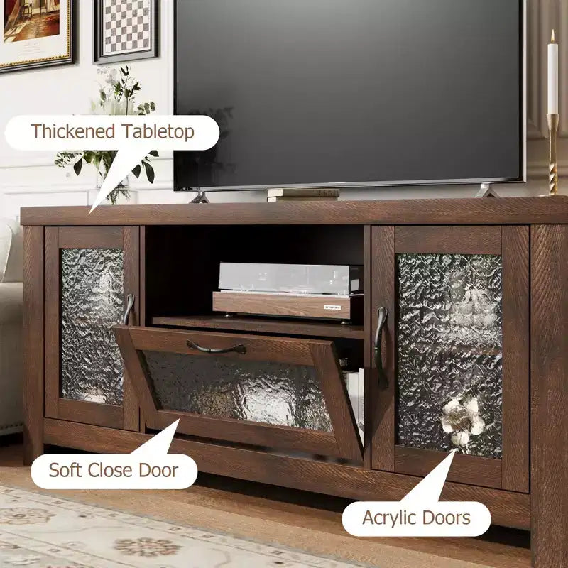 Meuble TV de ferme pour téléviseurs jusqu'à 60 pouces, meuble de divertissement avec porte en acrylique, armoires de rangement, console TV robuste pour salon et chambre.