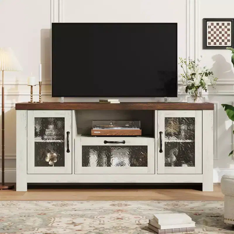 Meuble TV de ferme pour téléviseurs jusqu'à 60 pouces, meuble de divertissement avec porte en acrylique, armoires de rangement, console TV robuste pour salon et chambre.