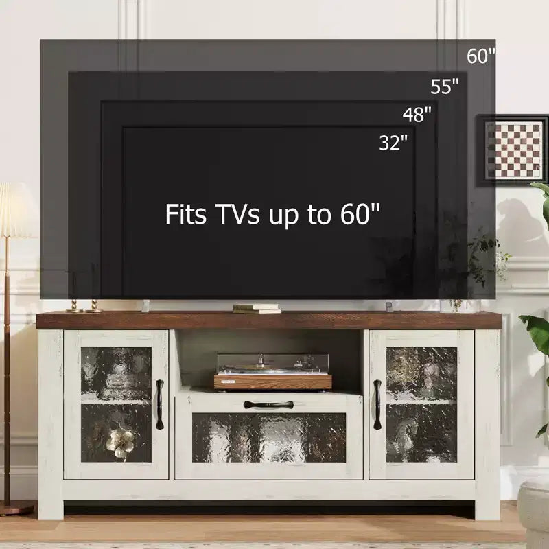 Meuble TV de ferme pour téléviseurs jusqu'à 60 pouces, meuble de divertissement avec porte en acrylique, armoires de rangement, console TV robuste pour salon et chambre.