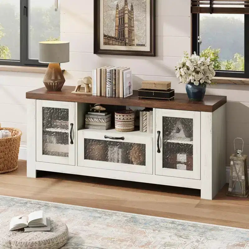 Meuble TV de ferme pour téléviseurs jusqu'à 60 pouces, meuble de divertissement avec porte en acrylique, armoires de rangement, console TV robuste pour salon et chambre.