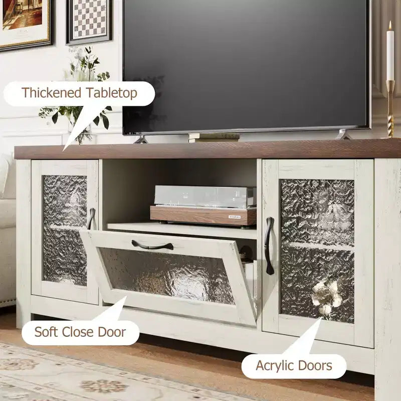 Meuble TV de ferme pour téléviseurs jusqu'à 60 pouces, meuble de divertissement avec porte en acrylique, armoires de rangement, console TV robuste pour salon et chambre.