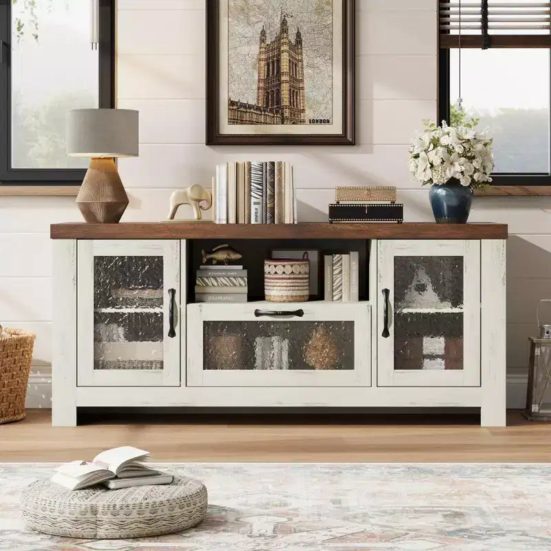 Meuble TV de ferme pour téléviseurs jusqu'à 60 pouces, meuble de divertissement avec porte en acrylique, armoires de rangement, console TV robuste pour salon et chambre.