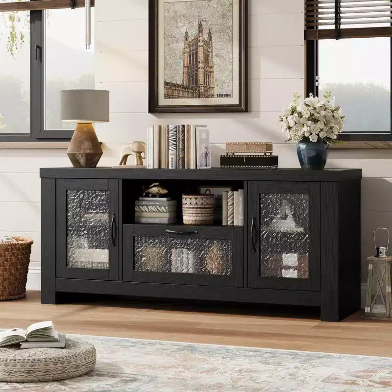 Meuble TV de ferme pour téléviseurs jusqu'à 60 pouces, meuble de divertissement avec porte en acrylique, armoires de rangement, console TV robuste pour salon et chambre.
