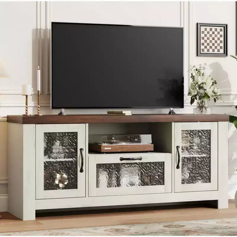 Meuble TV de ferme pour téléviseurs jusqu'à 60 pouces, meuble de divertissement avec porte en acrylique, armoires de rangement, console TV robuste pour salon et chambre.