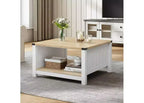 ACOINEL Farmhouse Square Coffee Table for Living Room, Wooden Cocktail Table with Half-Open Storage Compartment, Natural Coffee Table
