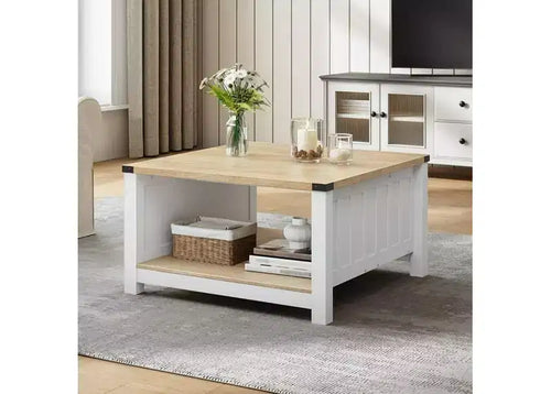 ACOINEL Farmhouse Square Coffee Table for Living Room, Wooden Cocktail Table with Half-Open Storage Compartment, Natural Coffee Table