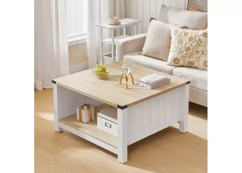 Table basse carrée ACOINEL de style ferme pour salon, table basse en bois avec compartiment de rangement semi-ouvert, table basse naturelle