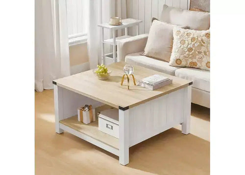 Table basse carrée ACOINEL de style ferme pour salon, table basse en bois avec compartiment de rangement semi-ouvert, table basse naturelle