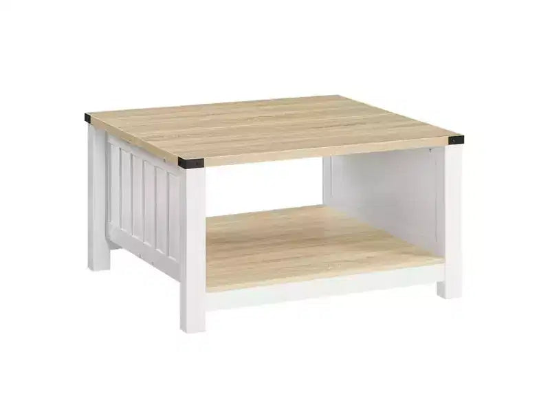 Table basse carrée ACOINEL de style ferme pour salon, table basse en bois avec compartiment de rangement semi-ouvert, table basse naturelle