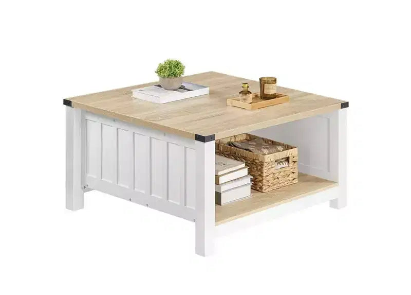 Table basse carrée ACOINEL de style ferme pour salon, table basse en bois avec compartiment de rangement semi-ouvert, table basse naturelle