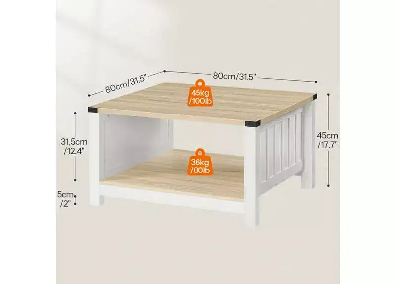Table basse carrée ACOINEL de style ferme pour salon, table basse en bois avec compartiment de rangement semi-ouvert, table basse naturelle