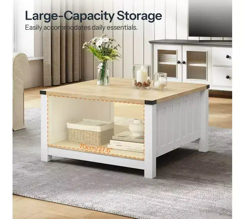 Table basse carrée ACOINEL de style ferme pour salon, table basse en bois avec compartiment de rangement semi-ouvert, table basse naturelle