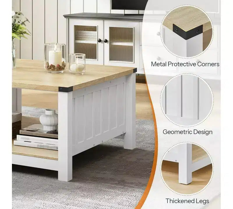 Table basse carrée ACOINEL de style ferme pour salon, table basse en bois avec compartiment de rangement semi-ouvert, table basse naturelle