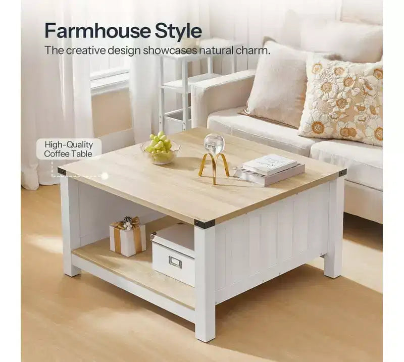 Table basse carrée ACOINEL de style ferme pour salon, table basse en bois avec compartiment de rangement semi-ouvert, table basse naturelle