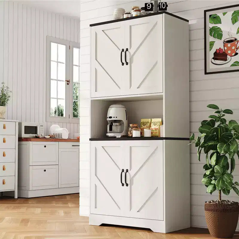 Buffet de cuisine de ferme 69 po | Armoire de rangement autonome avec 4 portes, 2 étagères réglables et support pour micro-ondes pour salle à manger et salon