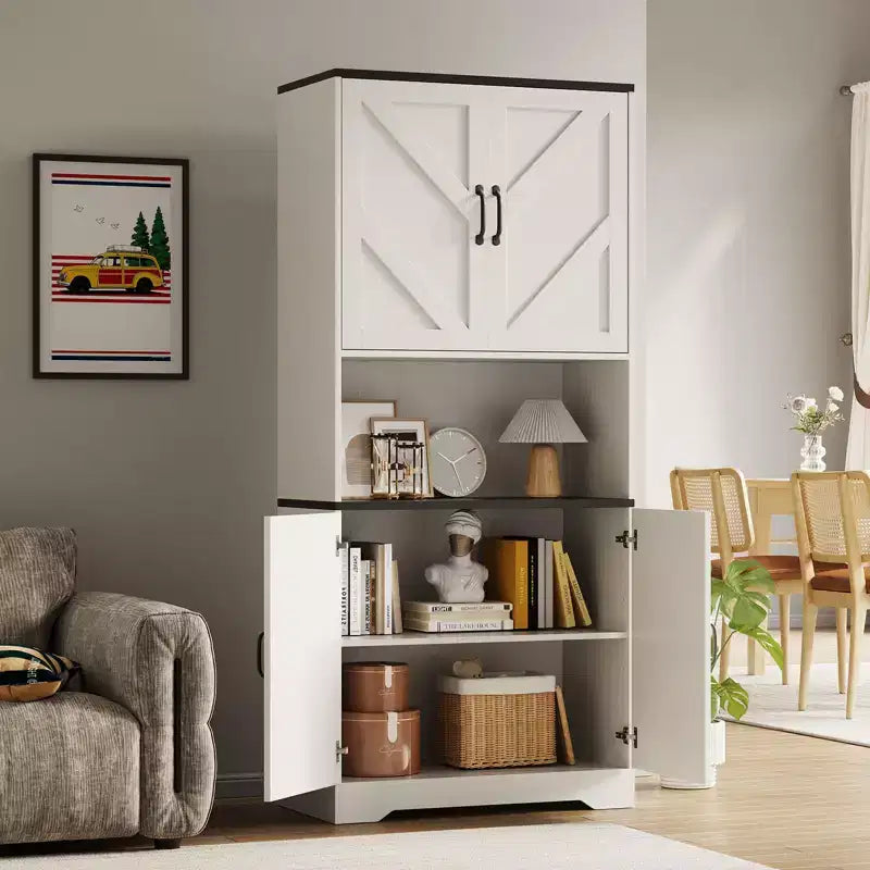 Buffet de cuisine de ferme 69 po | Armoire de rangement autonome avec 4 portes, 2 étagères réglables et support pour micro-ondes pour salle à manger et salon