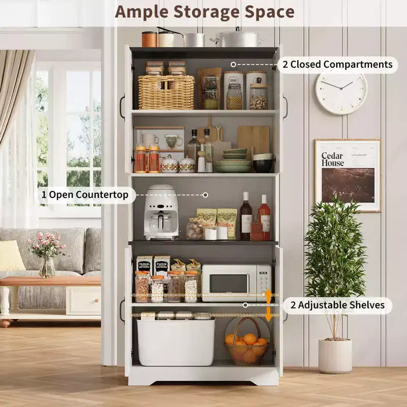 Buffet de cuisine de ferme 69 po | Armoire de rangement autonome avec 4 portes, 2 étagères réglables et support pour micro-ondes pour salle à manger et salon