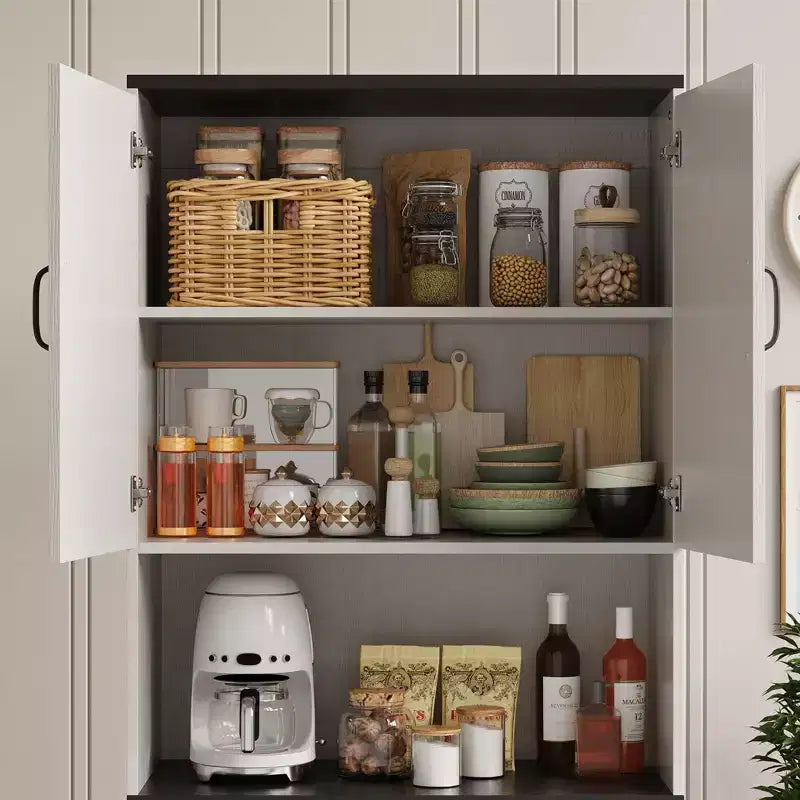 Buffet de cuisine de ferme 69 po | Armoire de rangement autonome avec 4 portes, 2 étagères réglables et support pour micro-ondes pour salle à manger et salon