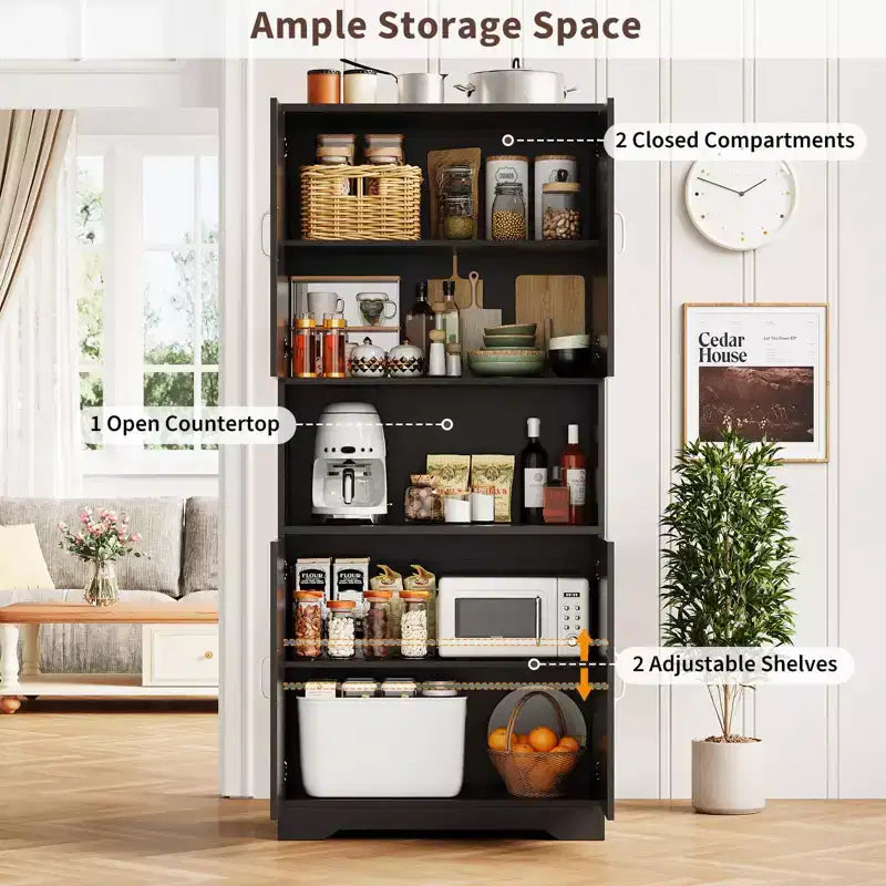 Buffet de cuisine de ferme 69 po | Armoire de rangement autonome avec 4 portes, 2 étagères réglables et support pour micro-ondes pour salle à manger et salon