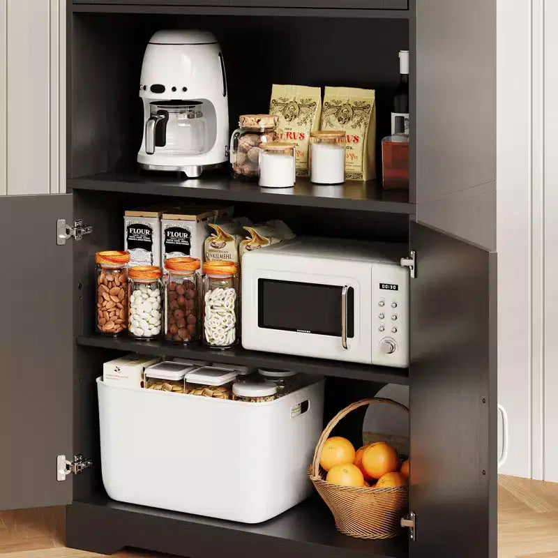 Buffet de cuisine de ferme 69 po | Armoire de rangement autonome avec 4 portes, 2 étagères réglables et support pour micro-ondes pour salle à manger et salon
