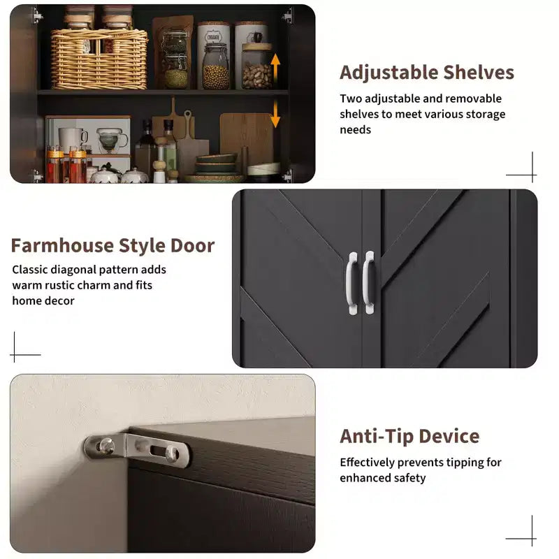 Buffet de cuisine de ferme 69 po | Armoire de rangement autonome avec 4 portes, 2 étagères réglables et support pour micro-ondes pour salle à manger et salon