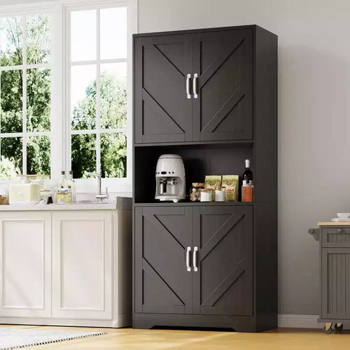 69 Farmhouse Kitchen Pantry Hutch | Freestanding Storage Cabinet with 4 Doors, 2 Adjustable Shelves & Microwave Stand for Dining & Living Room