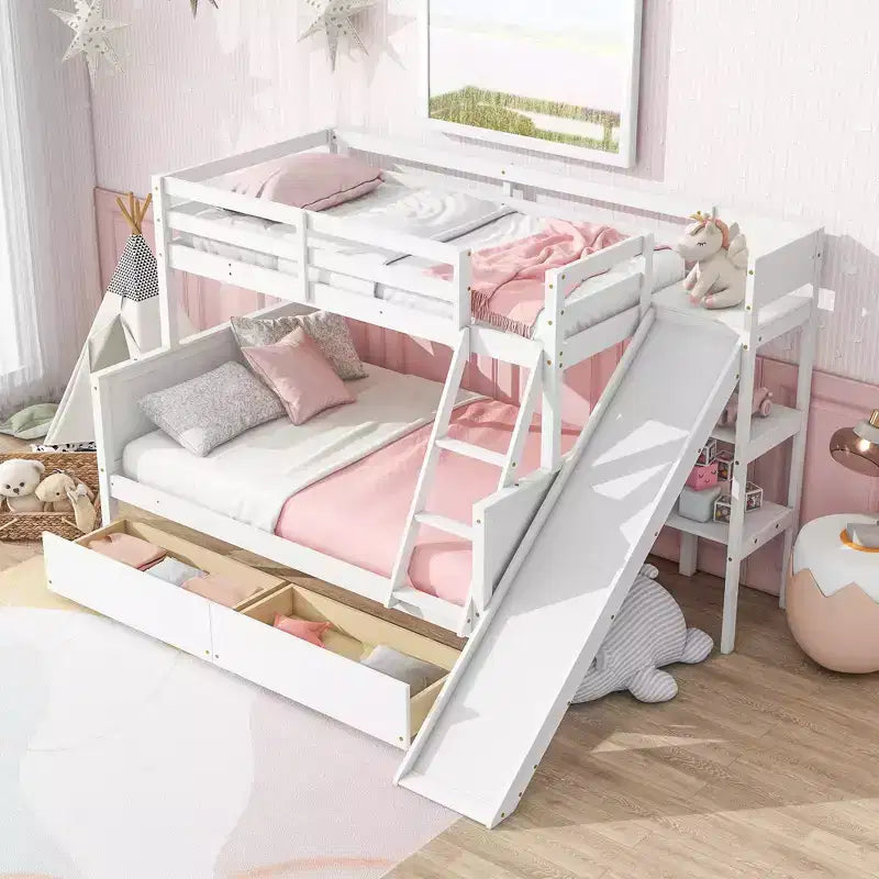 Lit superposé Bellemave double sur grand format avec 2 tiroirs, toboggan, lit superposé en bois d'hévéa avec étagères et échelle, gain de place, sommier tapissier non requis