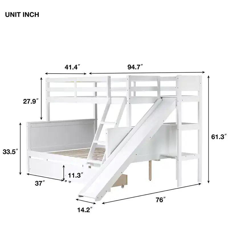 Lit superposé Bellemave double sur grand format avec 2 tiroirs, toboggan, lit superposé en bois d'hévéa avec étagères et échelle, gain de place, sommier tapissier non requis