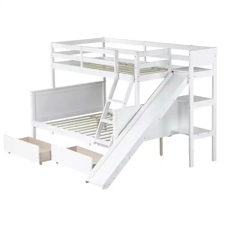 Lit superposé Bellemave double sur grand format avec 2 tiroirs, toboggan, lit superposé en bois d'hévéa avec étagères et échelle, gain de place, sommier tapissier non requis