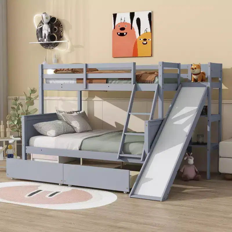Lit superposé Bellemave double sur grand format avec 2 tiroirs, toboggan, lit superposé en bois d'hévéa avec étagères et échelle, gain de place, sommier tapissier non requis