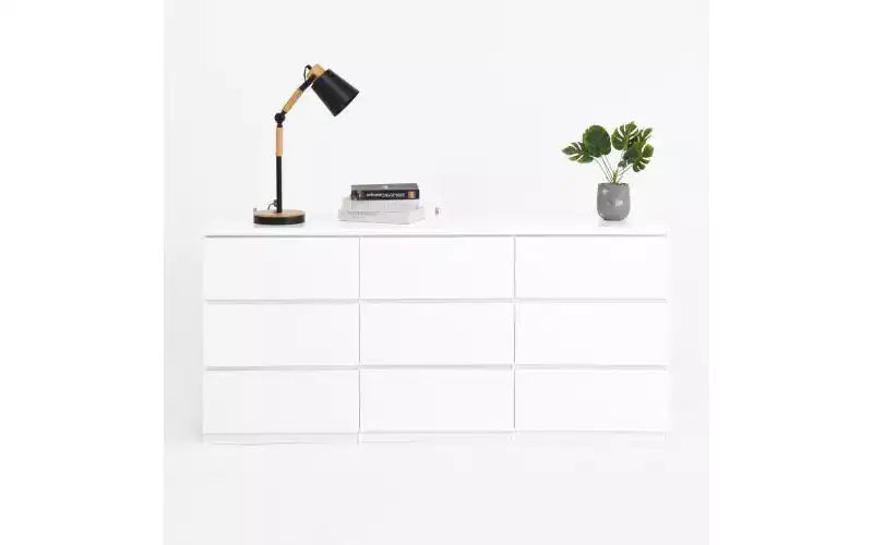 JVNOXK Armoire spacieuse et moderne de 160 cm de large avec neuf tiroirs sans poignée ; armoire de rangement en bois, convient pour le salon ou la chambre, blanc