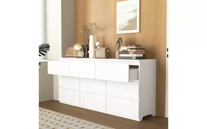 JVNOXK Armoire spacieuse et moderne de 160 cm de large avec neuf tiroirs sans poignée ; armoire de rangement en bois, convient pour le salon ou la chambre, blanc
