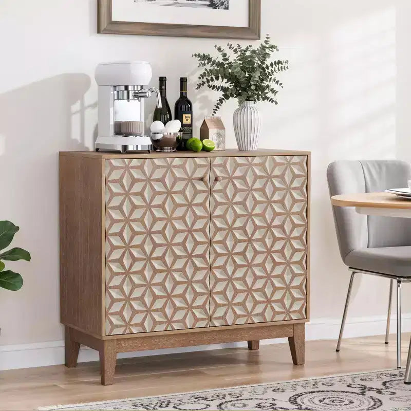 MAYEERTY 31.5 Buffet avec 2 portes et étagères réglables au design géométrique pour salon, cuisine, salle à manger, beige