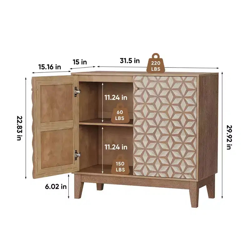 MAYEERTY 31.5 Buffet avec 2 portes et étagères réglables au design géométrique pour salon, cuisine, salle à manger, beige