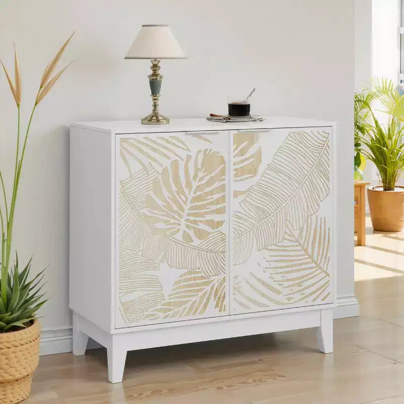 MAYEERTY 31.5 Vintage Carved Buffet Cabinet with 2 Doors Adjustable Shelves Wooden Decorative Cabinet with Stoarge for Living Room Dining Room White