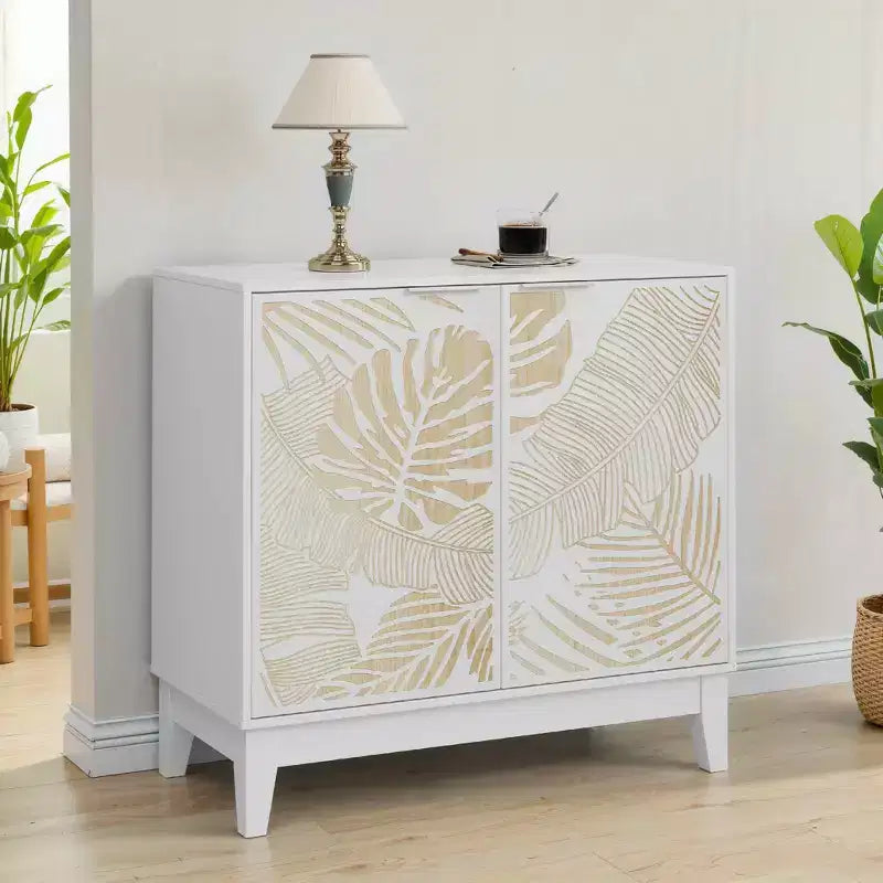 MAYEERTY 31,5 Meuble buffet vintage sculpté avec 2 portes et étagères réglables, armoire décorative en bois avec rangement pour salon et salle à manger, blanc