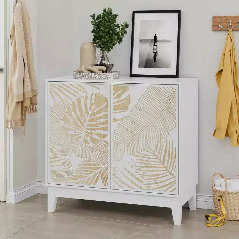 MAYEERTY 31,5 Meuble buffet vintage sculpté avec 2 portes et étagères réglables, armoire décorative en bois avec rangement pour salon et salle à manger, blanc