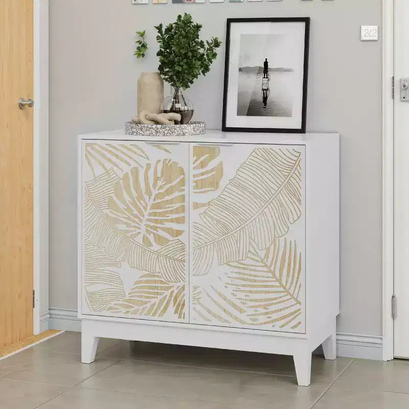 MAYEERTY 31,5 Meuble buffet vintage sculpté avec 2 portes et étagères réglables, armoire décorative en bois avec rangement pour salon et salle à manger, blanc