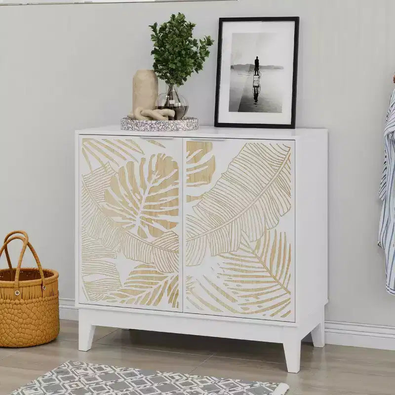 MAYEERTY 31,5 Meuble buffet vintage sculpté avec 2 portes et étagères réglables, armoire décorative en bois avec rangement pour salon et salle à manger, blanc