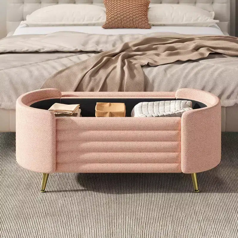 Banc de rangement moderne en bout de lit avec pieds en métal doré, banc d'entrée ovale avec rangement pour salon, chambre ou entrée - Panipeachy