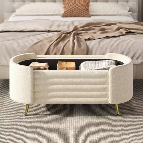Banc de rangement moderne en bout de lit avec pieds en métal doré, banc d'entrée ovale avec rangement pour salon, chambre ou entrée - Panipeachy