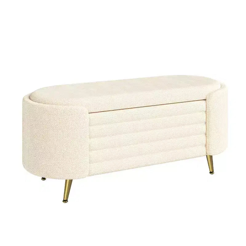 Banc de rangement moderne en bout de lit avec pieds en métal doré, banc d'entrée ovale avec rangement pour salon, chambre ou entrée - Panipeachy