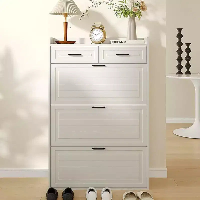 Shoe Cabinet, White Hidden Wood Shoe Storage Cabinet with 2 Drawers & 3 Flip Drawers, Narrow Shoe Rack