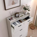 Meuble à chaussures, Meuble de rangement à chaussures en bois blanc avec 2 tiroirs et 3 tiroirs basculants, Étagère à chaussures étroite