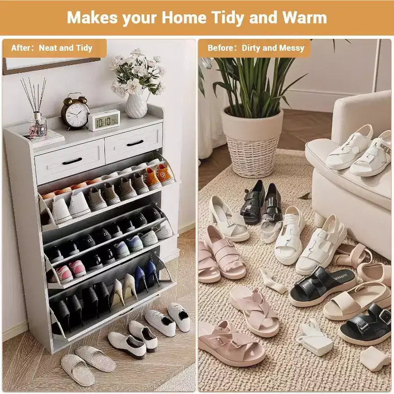 Meuble à chaussures, Meuble de rangement à chaussures en bois blanc avec 2 tiroirs et 3 tiroirs basculants, Étagère à chaussures étroite