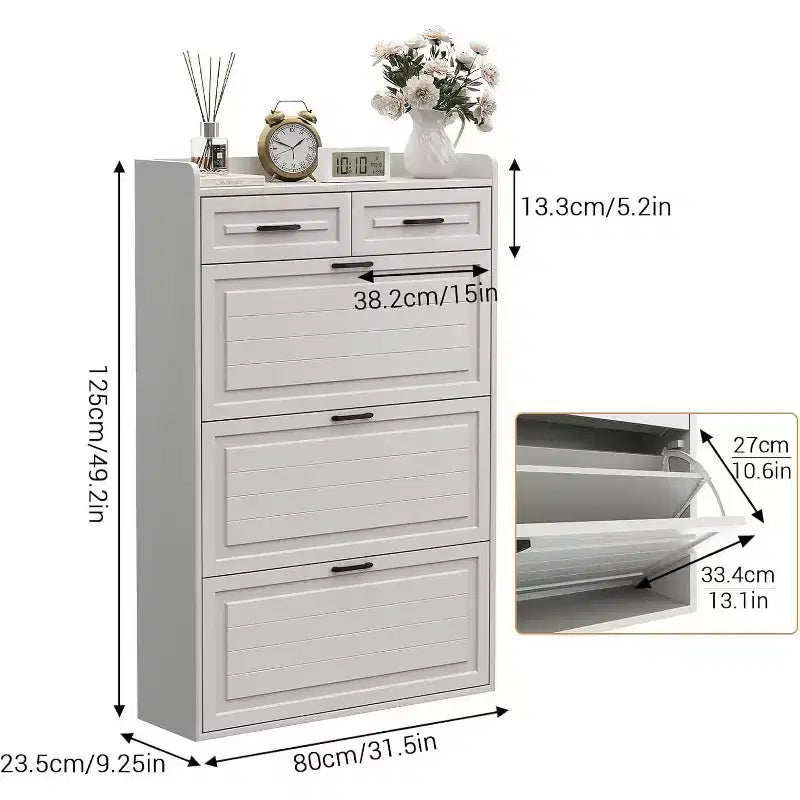 Meuble à chaussures, Meuble de rangement à chaussures en bois blanc avec 2 tiroirs et 3 tiroirs basculants, Étagère à chaussures étroite