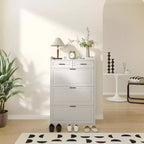Meuble à chaussures, Meuble de rangement à chaussures en bois blanc avec 2 tiroirs et 3 tiroirs basculants, Étagère à chaussures étroite