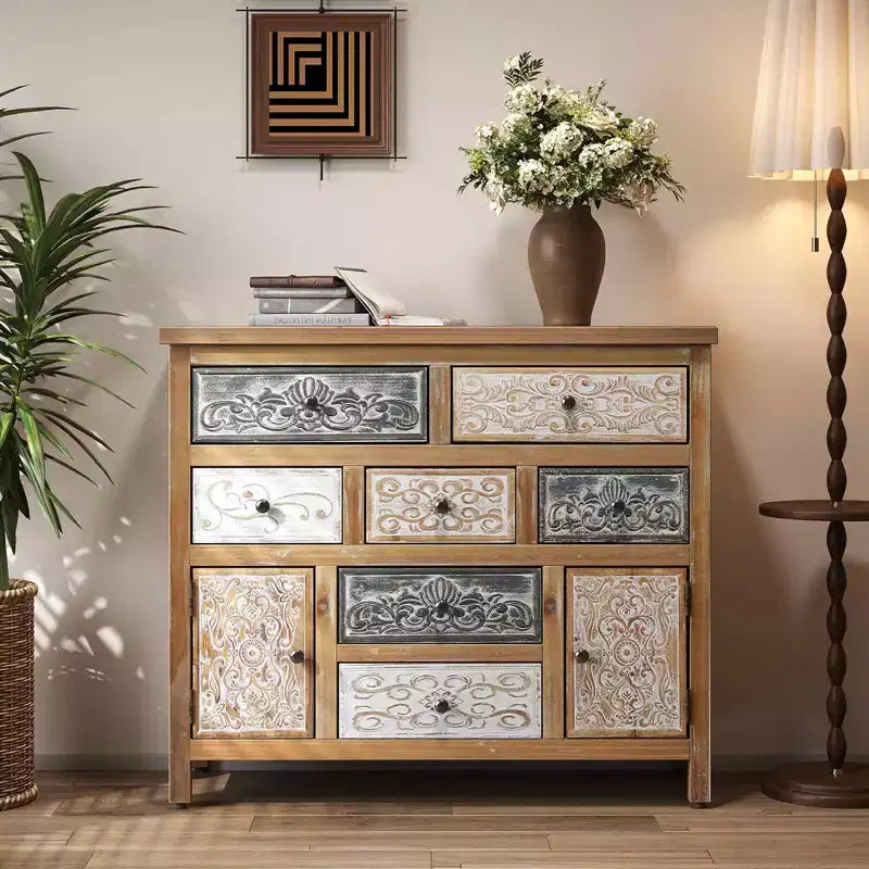 MAYEERTY Vintage Wooden Accent Chest with 7 Drawers 2 Cabinets Rustic Multicolor Carved Storage Dresser for Living Room